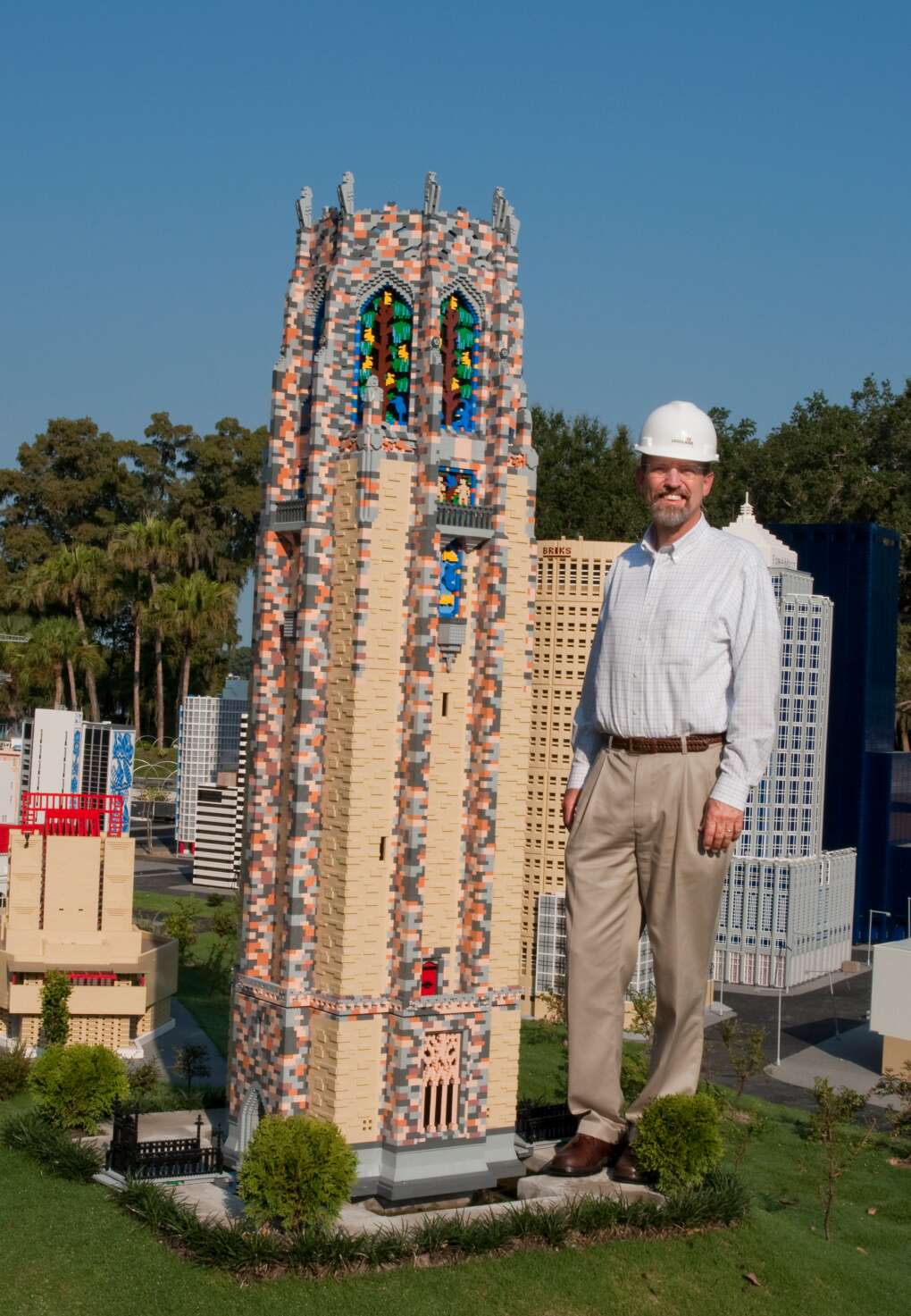 David Price stands with Legoland's replica of the Bok bell tower.