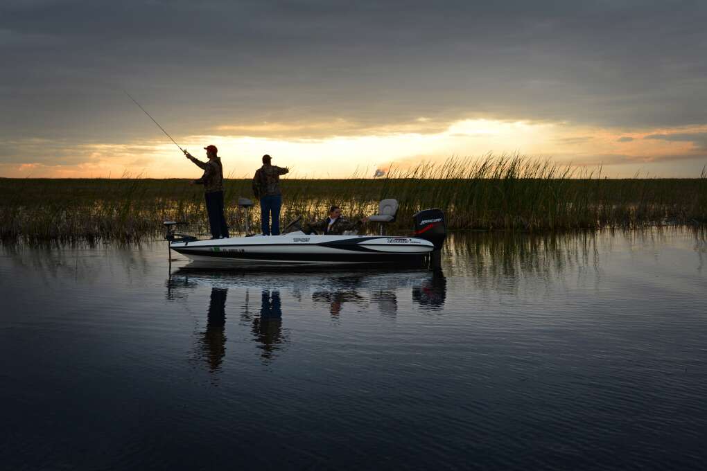 Early morning anglers compete in a bass tournament on Lake Okeechobee.
