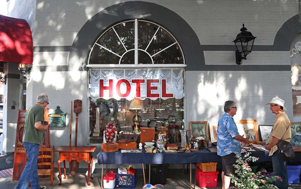 Antiques and collectables are set up next to the Oak Park Inn in downtown Arcadia during the Arcadia Antique Fair which is held the fourth Saturday of the month.