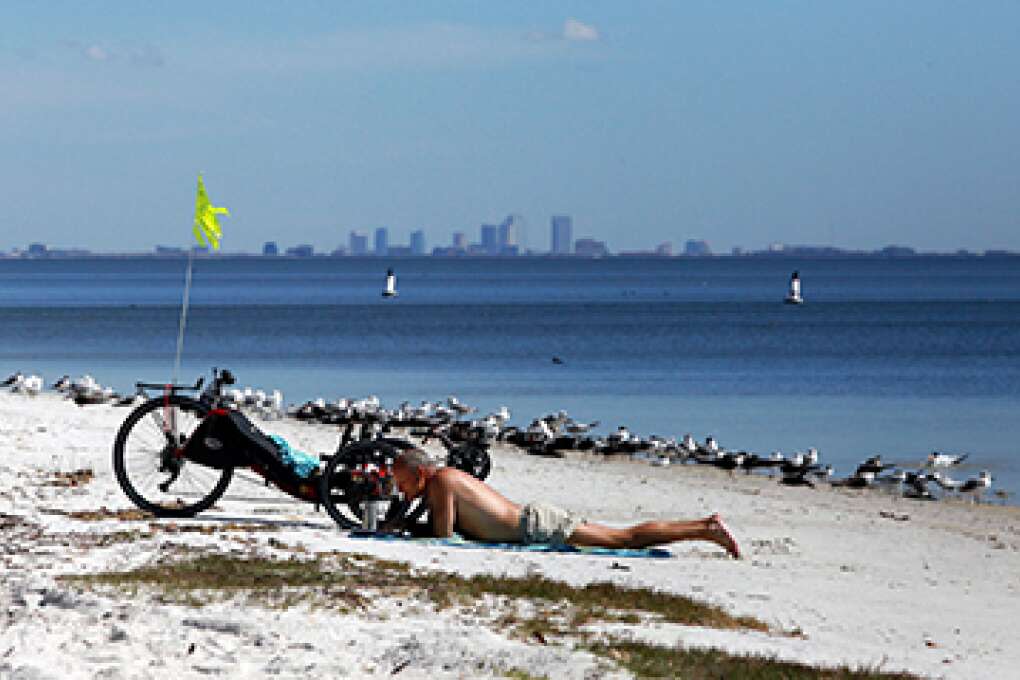 a beachgoer stops in the sandy area of the Courtney Campbell Scenic Highway