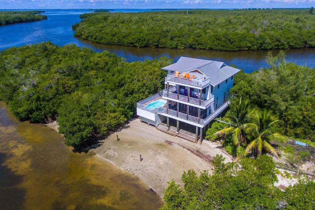 An aerial shot of a Sanibel Island Airbnb mansion.