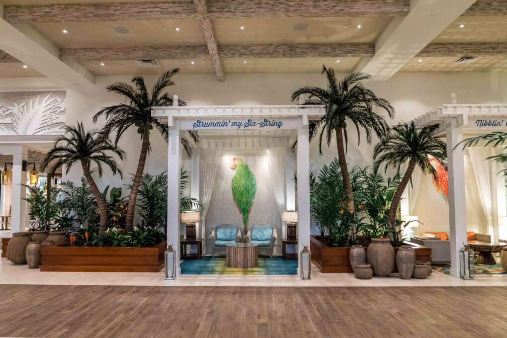 tropical looking lobby of the Margaritaville Hollywood Beach Resort