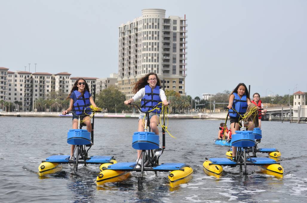 Water bikes are available for rent for ages 8 and up at Tampa Bay Water Bike Company; younger kids can ride as passengers on tandem bikes. 
