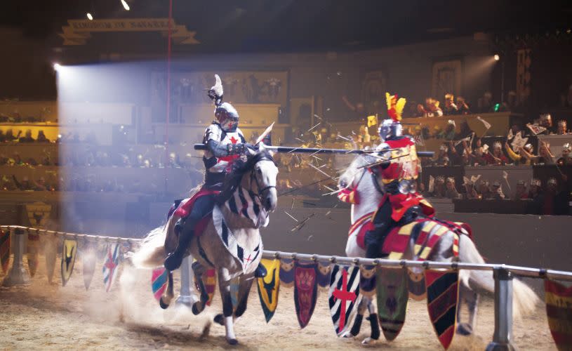 Dinner and a show at the Medieval Times Dinner & Tournament inside a “castle” includes knights jousting, swordplay and horsemanship. 