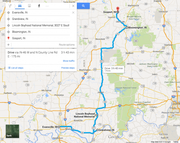 This map shows our basic route — Evansville, Grandview, Bloomington, and Gosport.