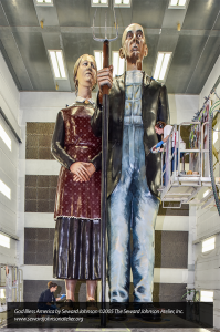 Seward Johnson's monumental sculpture, God Bless America, will tower over downtown Elkhart's Central Park this summer.