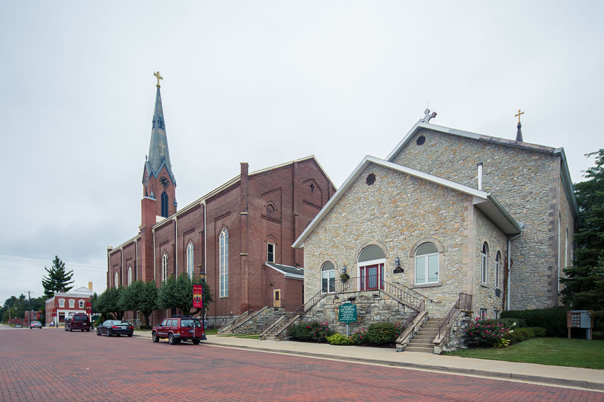 The Holy Family Church (left) and the Old Stone Church (right)