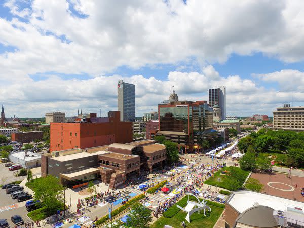 Downtown Fort Wayne, Indiana Skyline during Three Rivers Festival and the Annual Chalk Walk