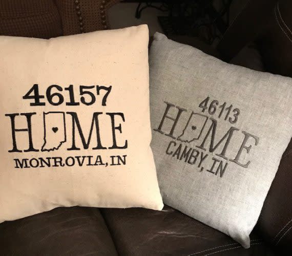 Embroidered zip code pillows at Copper Top Customs