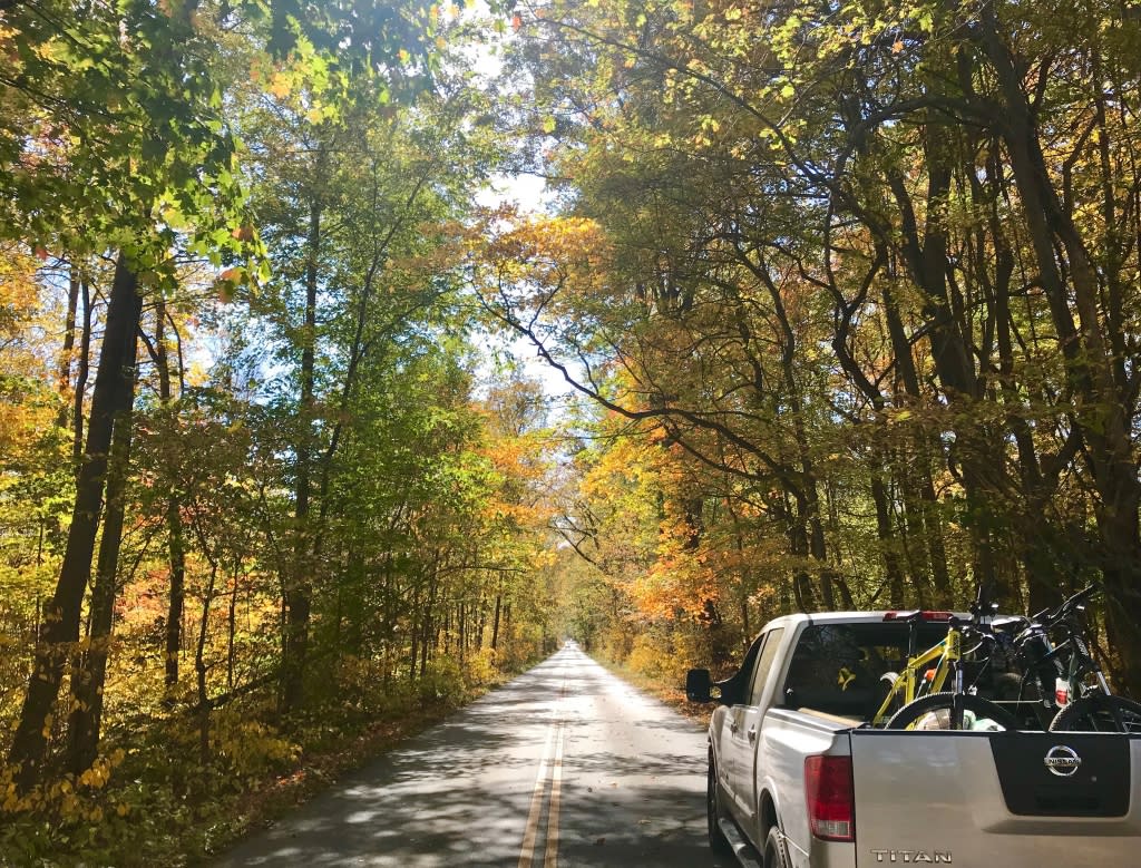 Pickup Truck with bicycles in the back. Fall leaves in the background