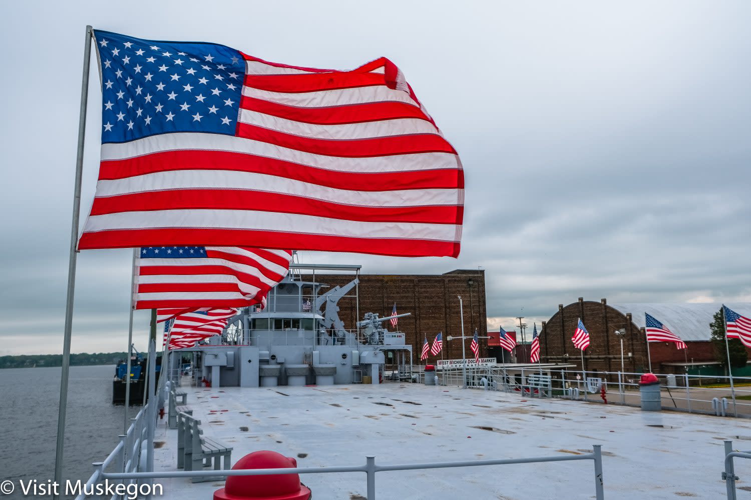 American Flag flying on deck of USS LST