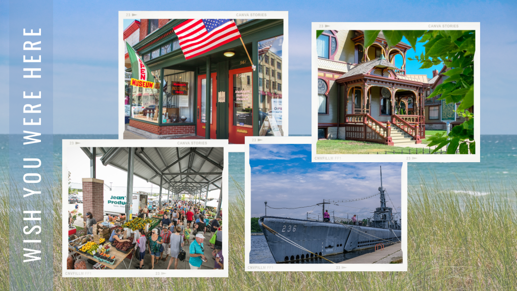postcard style image shows 4 attractions in muskegon county; museum exterior, historic queen ann home, farmers market and www2 submarine
