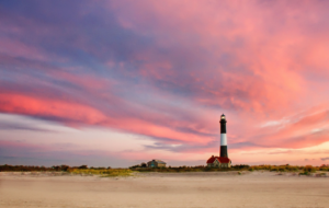 Famous Fire Island Lighthouse on Long Island at sunset
