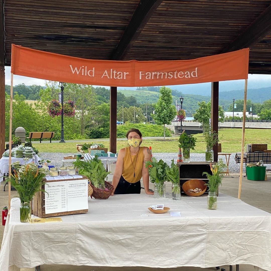 Photo by user wildaltarfarmstead, caption reads @wildaltarfarmstead  is excited to be set up at the Waynesboro market for the first in person market of the year. We have fresh produce and mushrooms as well as Virginia grown and milled grains from @woodsonsmill. we are also pleased to accept both snap and wic!