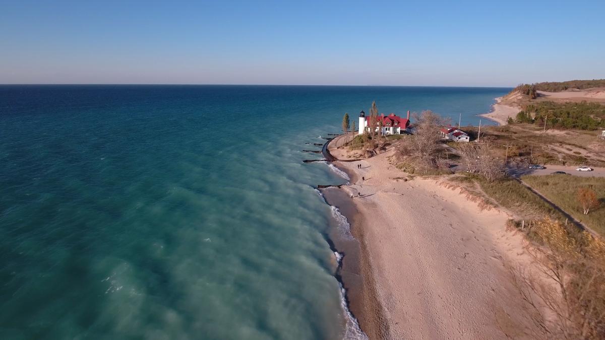 Aerial View Postcard Point Betsie Lighthouse in Michigan North of Frankfort 