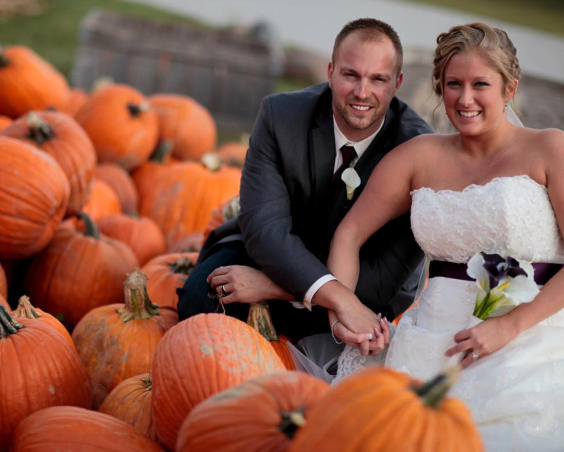 Outdoor Fall Wedding Photos with Pumpkins at Beasley's Orchard