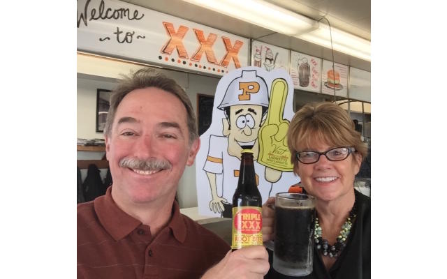 Greg and Carrie with Purdue Pete and Root beer