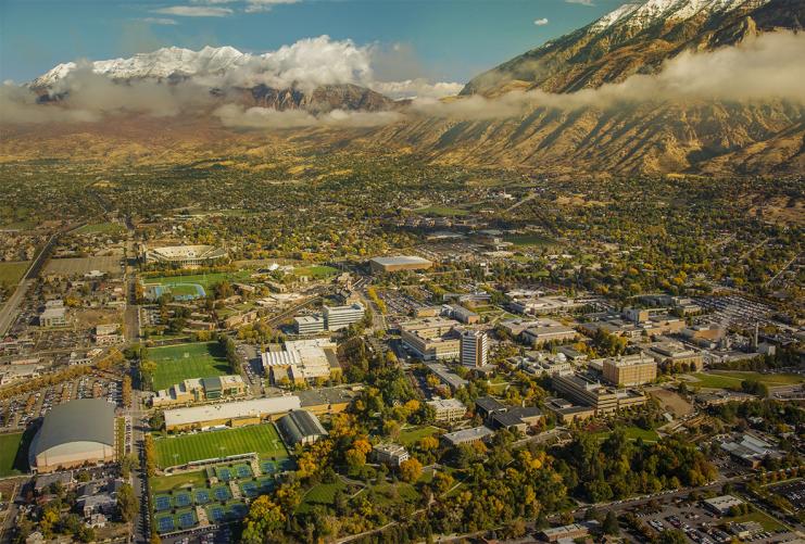 Provo Utah and the Wasatch Mountains showing valley floor and foothill development