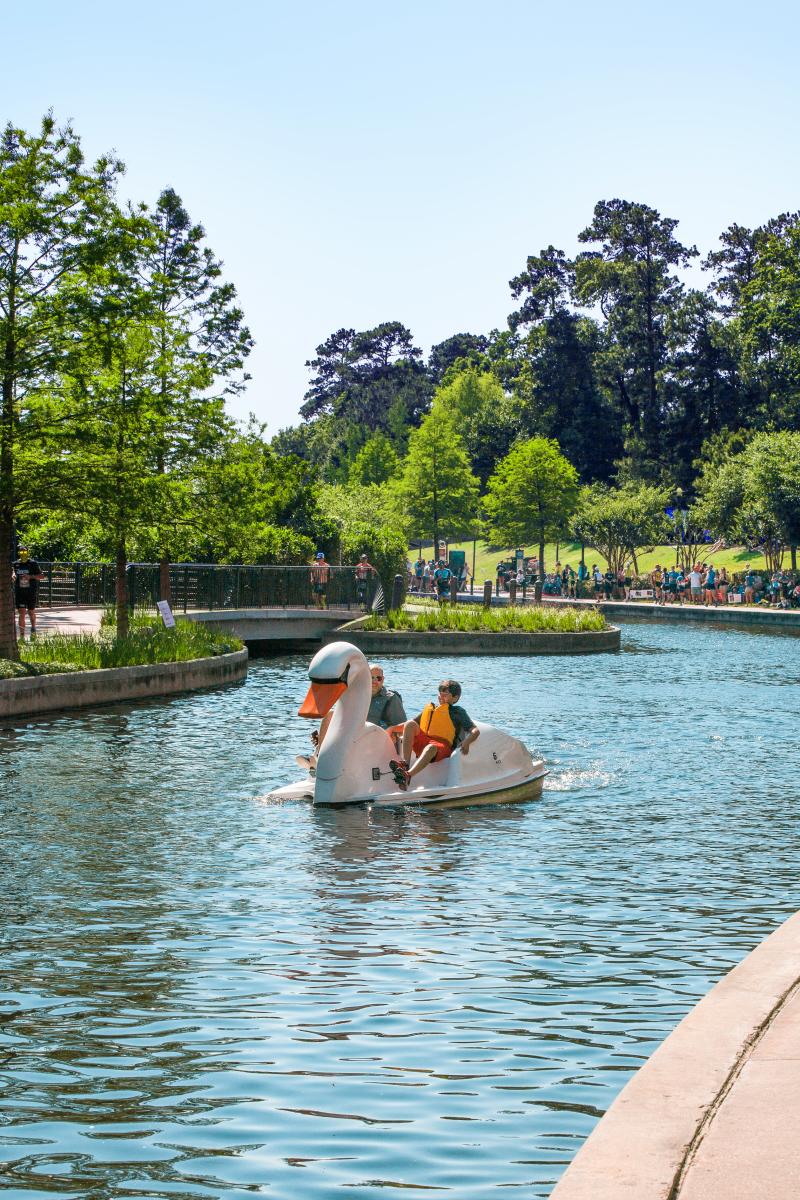 A family riding a swan pedal boat on The Woodlands Waterway