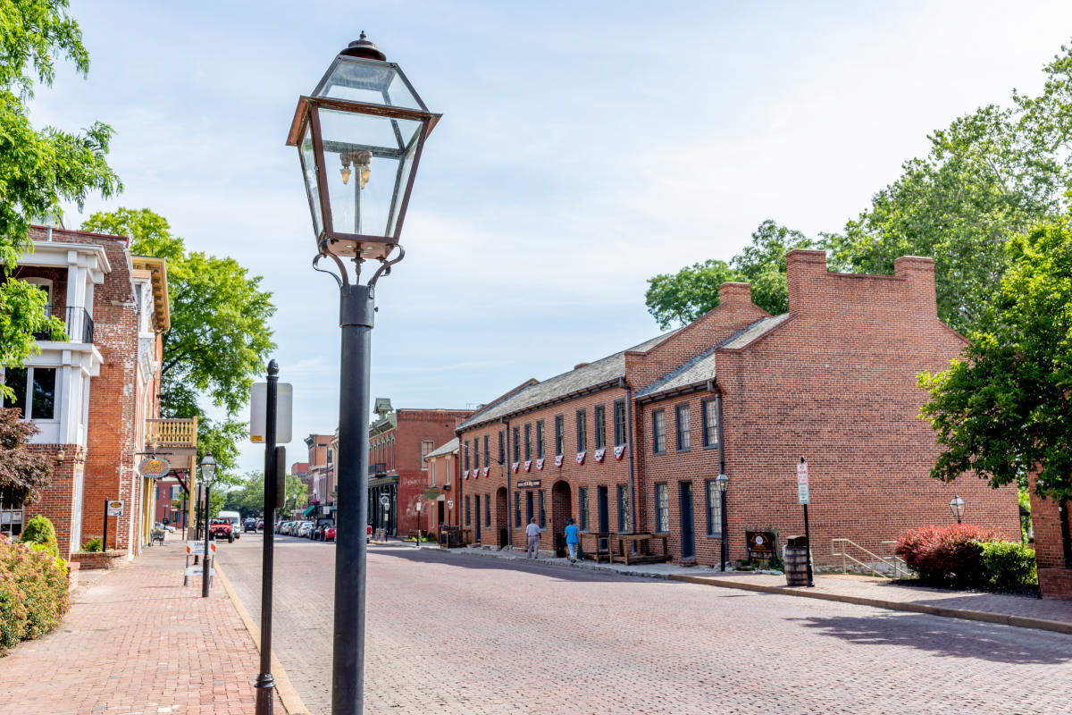 Historic brick-paved Main Street in St. Charles, Missouri