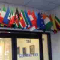 Variety of countries flags hanging above Global Lex doors.