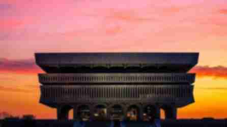 The New York State Museum set against a brilliant sunset