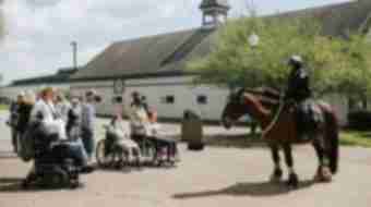Individuals in wheelchairs listen to mounted horse police