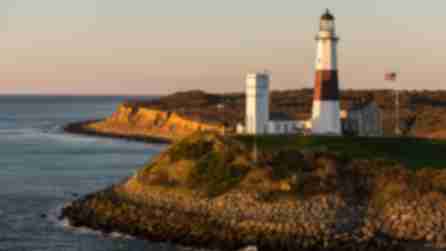 Aerial view of the Montauk Lighthouse at sunset