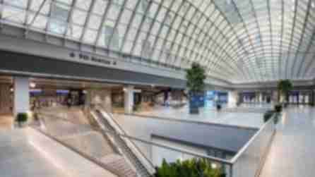 The glass dome ceiling from inside the Moynihan Train Hall