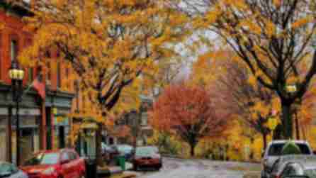 Street view of orange and red trees surrounding shops in Beacon