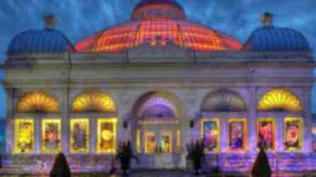 Buffalo and Erie County Botanical Gardens building lit up at night