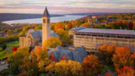 A cluster of buildings surround a clock tower in the middle of red, orange, yellow, and green trees