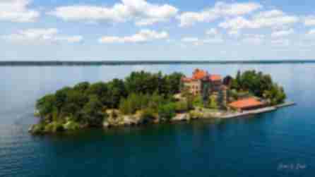 Side view of Singer Castle on Dark Island from the air