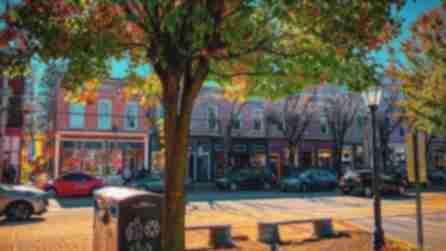 Shops line a street in Rhinebeck in the fall