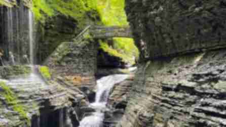 View of waterfalls running over rocks at Watkins Glen State Park