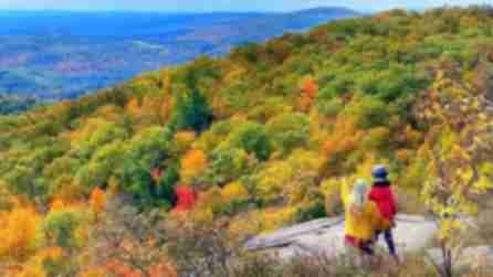 A woman points out Lake George to a child from the summit of Prospect Mountain with trees covered in various hues of fall colors below