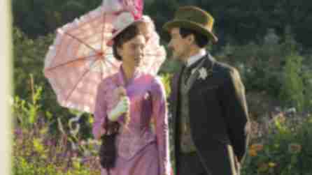 Nicole Brydon Bloom and Blake Ritson in a scene from the Gilded Age filmed at Old Westbury Gardens