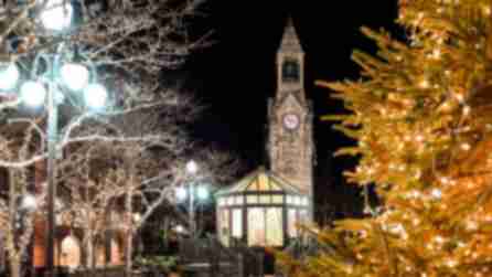 Holiday lights decorate trees surrounding a clock tower