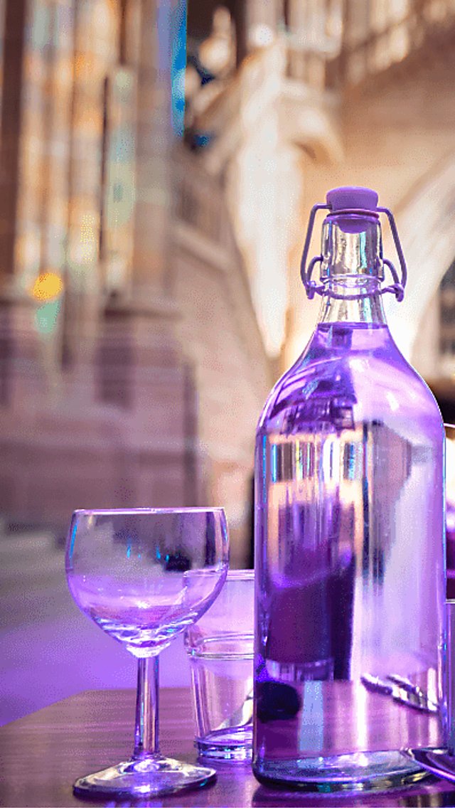 A close up of a table decorated with a lavender plant and bathed in purple light. The table is inside Liverpool's Anglican Cathedral