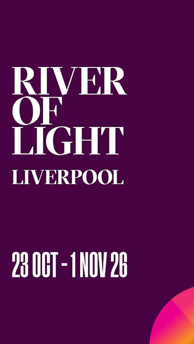 A graphic for River of Light which is on a dark purple background with pink and orange circles in a pattern across the background. It says River of Light Liverpool 23 October - 1 November 2026.