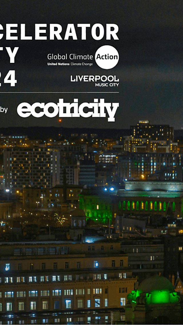 An image of the Royal Liver Building lit up green with a view overlooking the city of Liverpool.