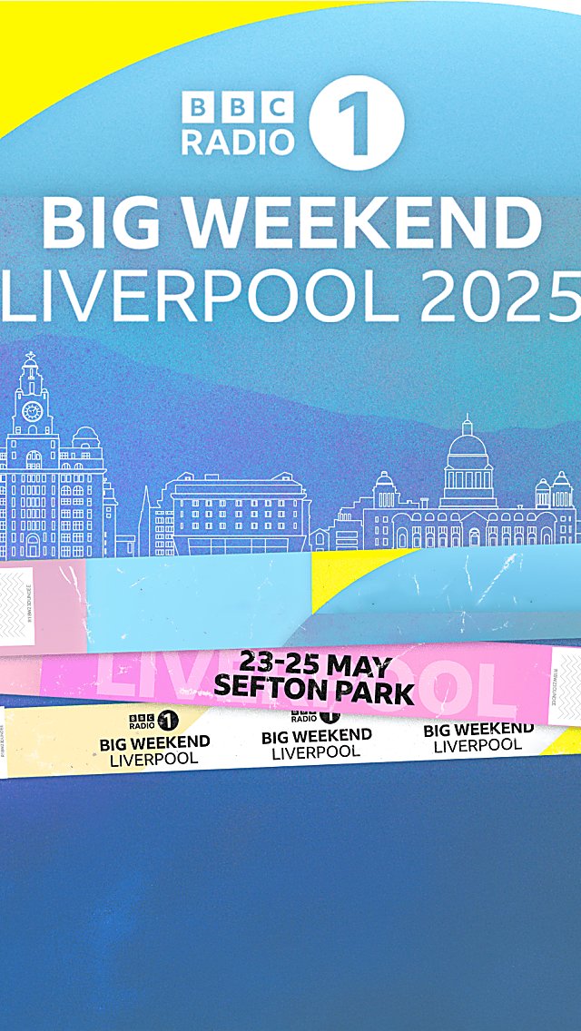 A blue graphic with white text which says 'Big Weekend Liverpool 2025', the image has a yellow curve at the top left and white to the right.