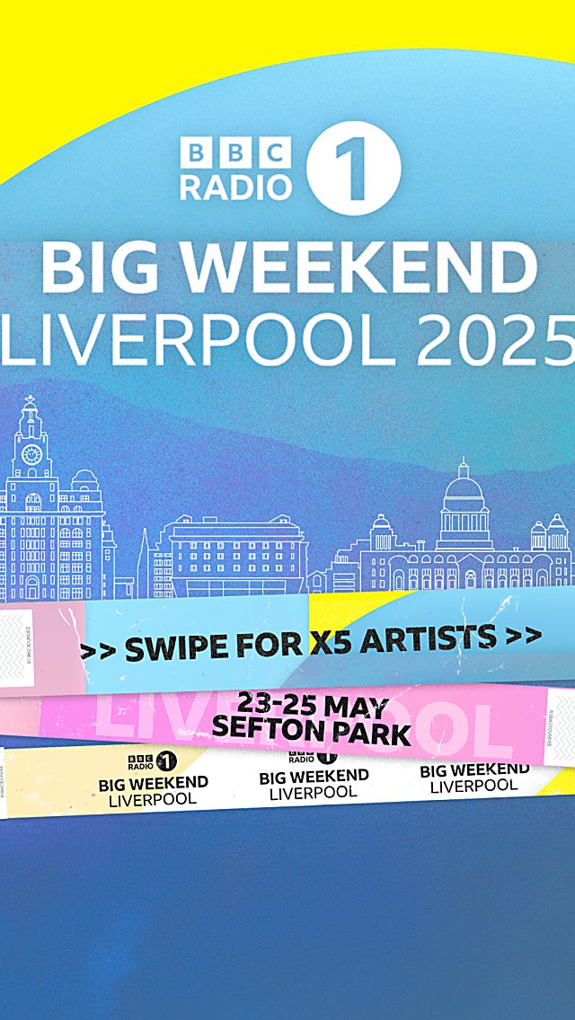 A blue graphic with white text which says 'Big Weekend Liverpool 2025', the image has a yellow curve at the top left and white to the right.