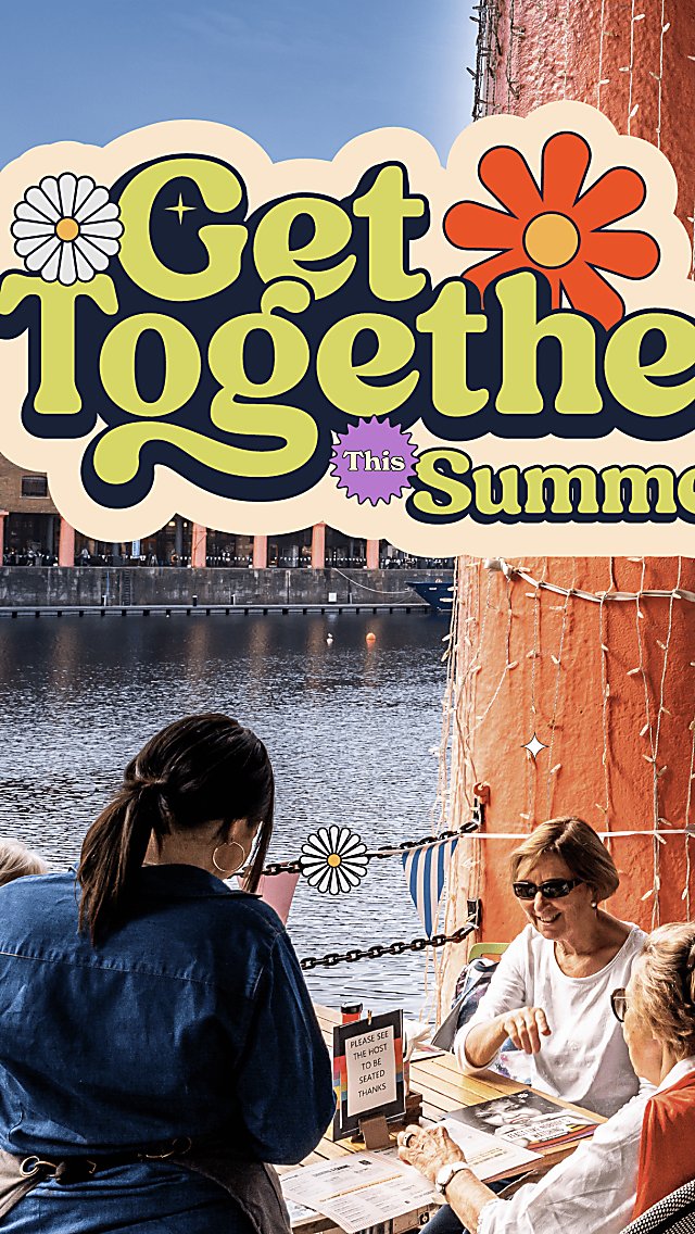 An image of people sitting on the docks with text saying ''Get Together This Summer'.