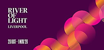 A graphic for River of Light which is on a dark purple background with pink and orange circles in a pattern across the background. It says River of Light Liverpool 23 October - 1 November 2026.