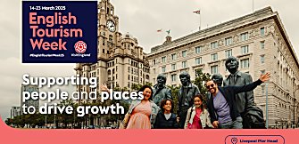 A family stand outside the Cunard building and the Beatles statue. There is a logo that reads English Tourism week on the image.