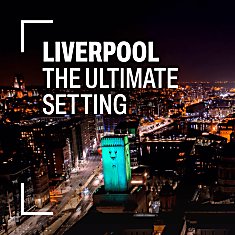 A drone shot of Liverpool at night