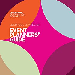 A pink illustrated front-cover with the title 'liverpool city region event planners guide' with two 'superhero' silhouettes.
