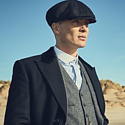 Thomas Shelby Peaky Blinder at a beach in Liverpool City Region. Peaky Blinders S4 - Formby Beach - (C) Caryn Mandabach Productions