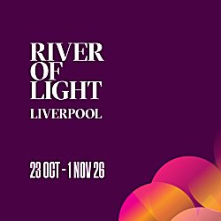 A graphic for River of Light which is on a dark purple background with pink and orange circles in a pattern across the background. It says River of Light Liverpool 23 October - 1 November 2026.